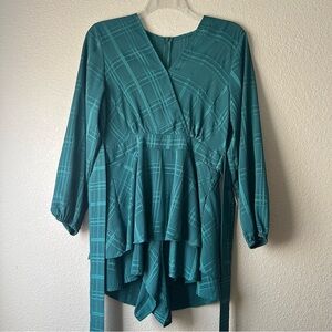 NWOT Forest Green Plaid Women's V Neck Romper